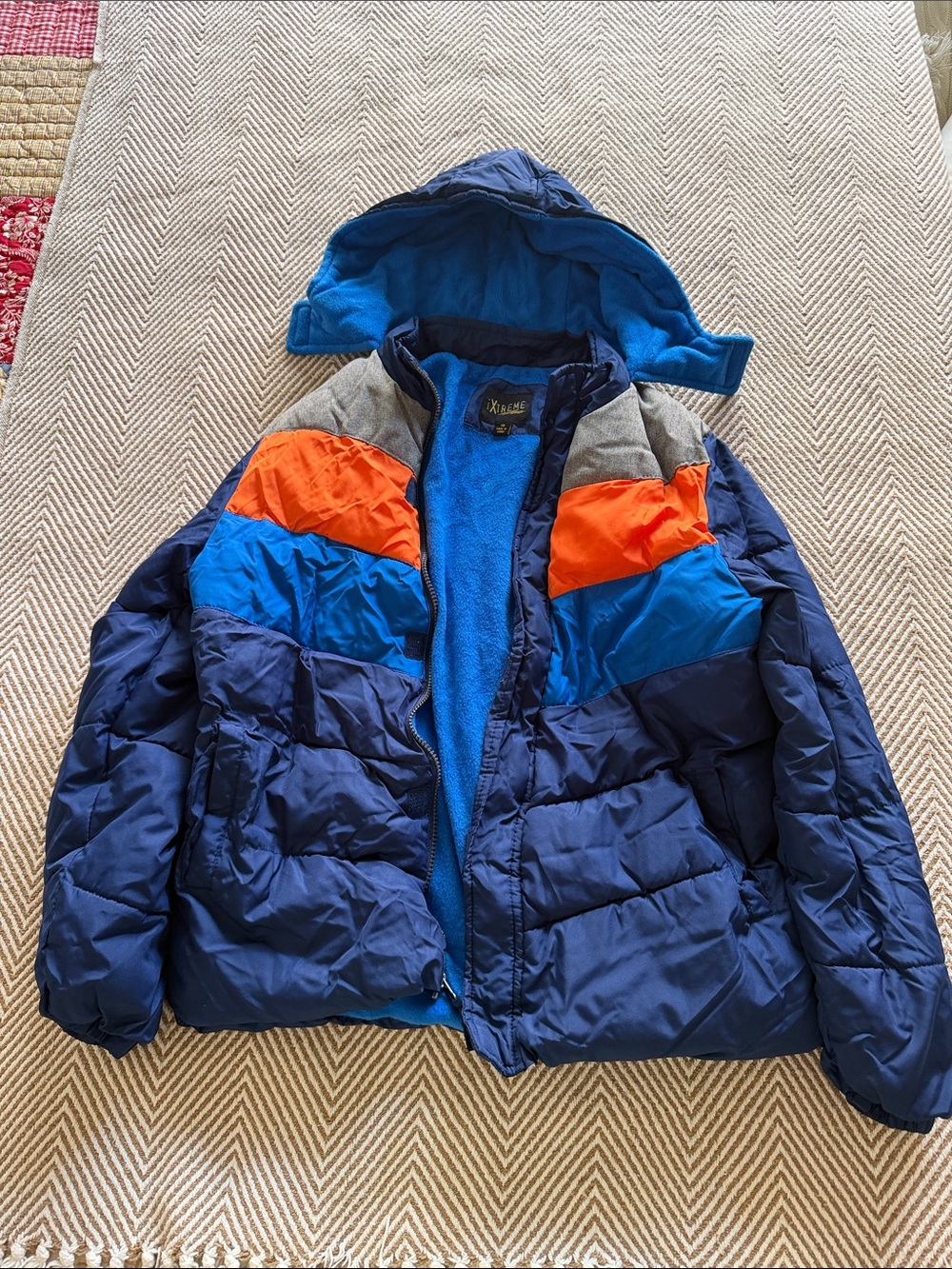 Boys Navy, Bright Blue & Orange Hooded Puffer Jacket